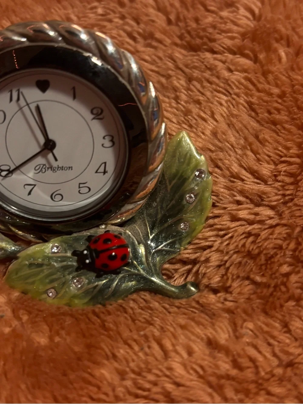 Brighton marvels ladybug flower mini desk clock crystals silver enamel